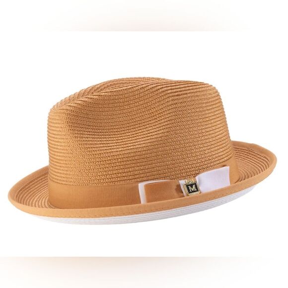 MONTIQUE MEN'S COGNAC/WHITE BOTTOM BRAIDED STINGY BRIM PINCH FEDORA HAT. H-78 - Picture 1 of 1